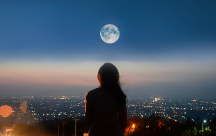 Silhouette of a person looking at the moon in the background